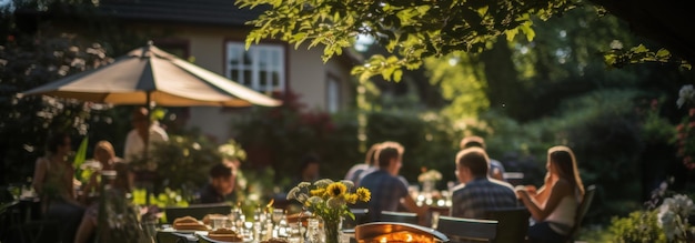 Foto sfocata di una famiglia che fa un barbecue e un picnic nel giardino