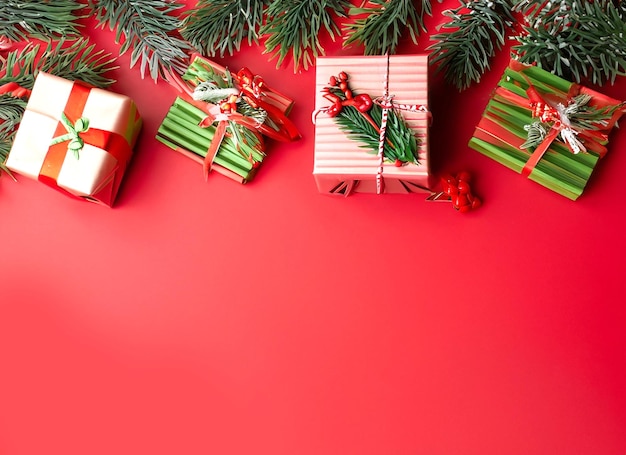 Foto sfondo natalizio decorato con regali festivi e rami di abete con spazio vuoto