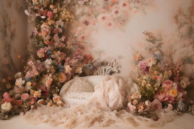 foto sfondo neborn piume di pelliccia e sfondo floreale per l'editing digitale