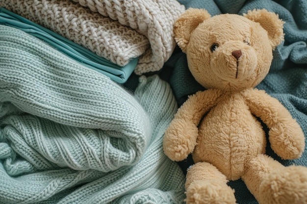 Foto simmetrica di vestiti per bambini perfettamente piegati e orso di peluche che irradia calore con la coperta centrata