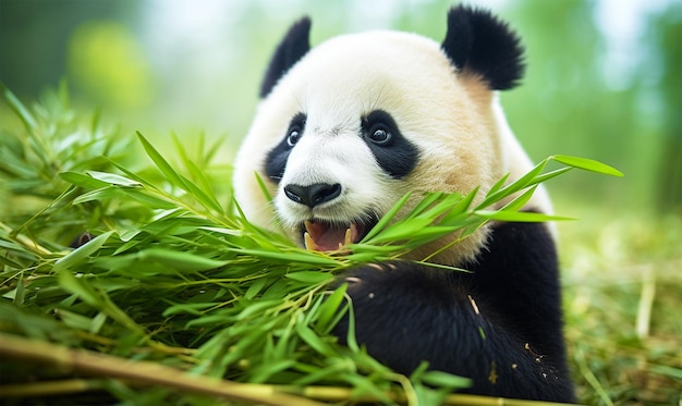 Foto simpatico orso panda affamato che mangia bambù