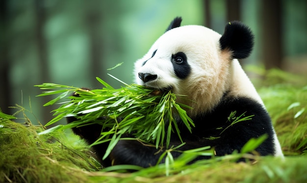 Foto simpatico orso panda affamato che mangia bambù