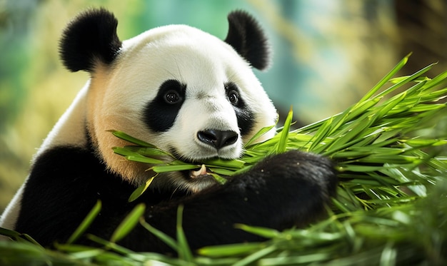 Foto simpatico orso panda affamato che mangia bambù