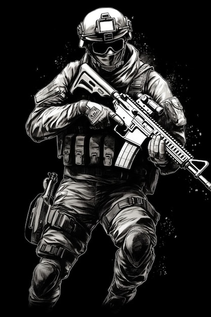 foto soldato completamente equipaggiato in uniforme mimetica con in mano un fucile d'assalto