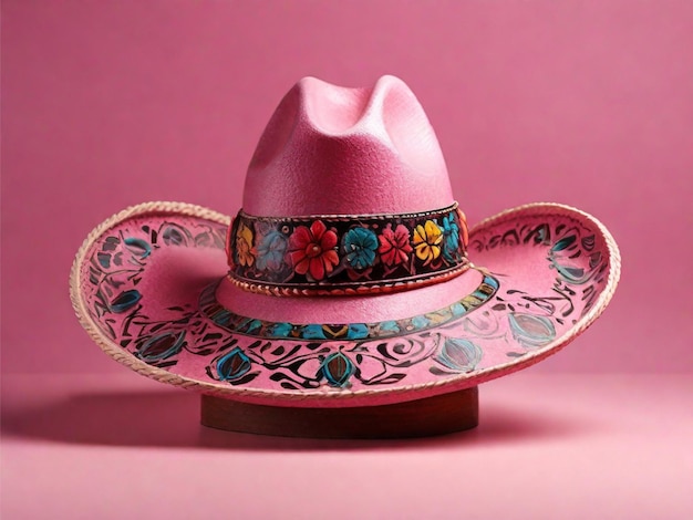 Foto sombrero messicano con una chitarra decorativa su uno sfondo rosa