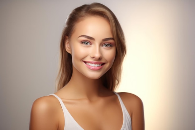 Foto sorridente bellissima faccia molto carina di fit girl skin care model