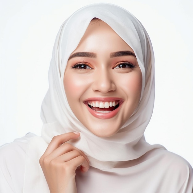 Foto sorridente donna araba con banner bianco per il logo aziendale