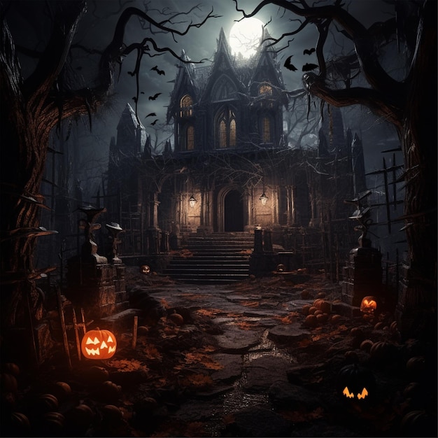 Foto spaventosa della casa di decorazione di Halloween nello stile dell'illustrazione fantasy di alta qualità