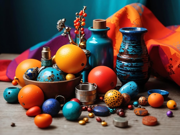 Foto still life con piccoli oggetti decorativi dai colori vivaci