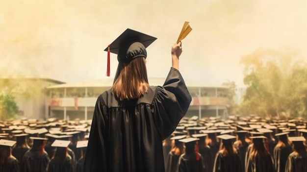 Foto studente che cammina verso la cerimonia di laurea realizzata con l'IA generativa