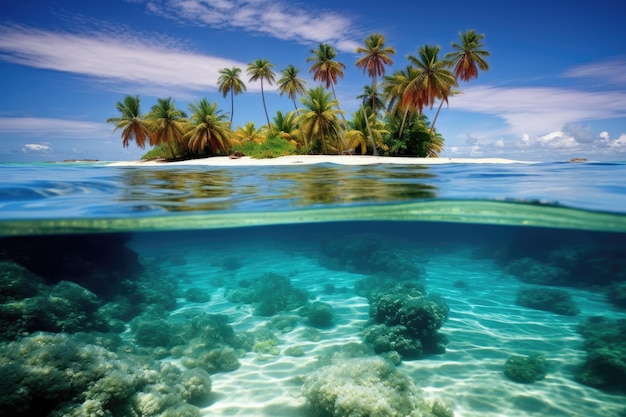 Foto subacquea divisa di un'isola tropicale con palme e laguna blu Generata AI tropicale delle Isole delle Maldive