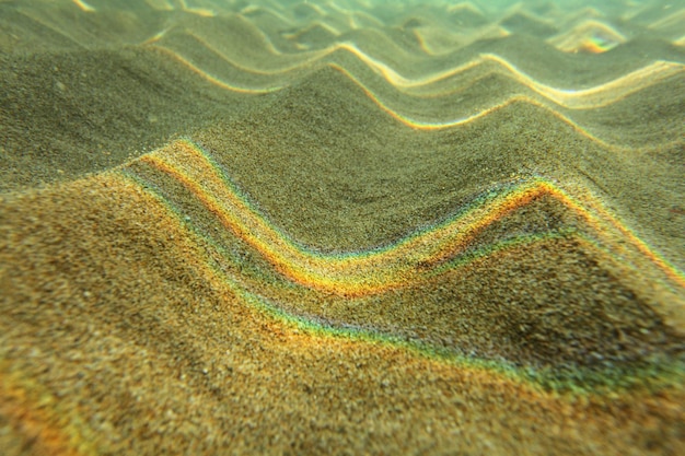 Foto subacquea - luce rifratta sulla superficie del mare formando arcobaleni su piccole "dune" di sabbia in acque poco profonde vicino alla spiaggia. Sfondo marino astratto.