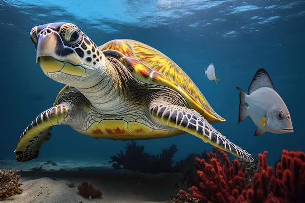 foto subacquee di una grande tartaruga e pesci generativi ai