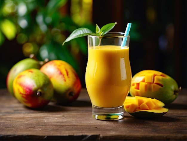 Foto succo di mango e mango su un tavolo