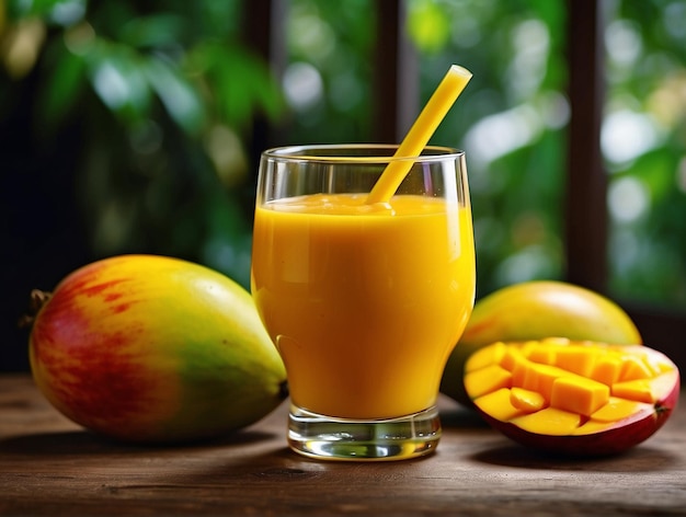 Foto succo di mango e mango su un tavolo