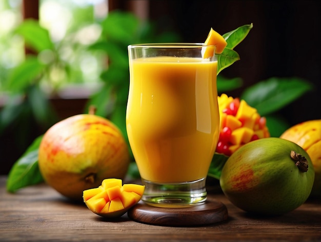 Foto succo di mango e mango su un tavolo