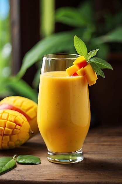 Foto succo di mango e mango su un tavolo