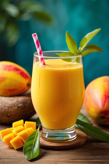 Foto succo di mango e mango su un tavolo