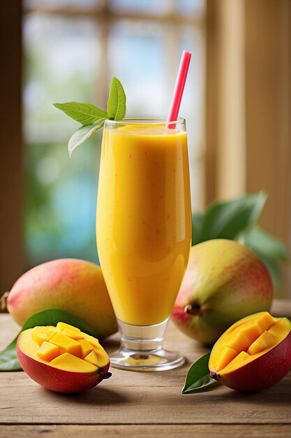 Foto succo di mango e mango su un tavolo