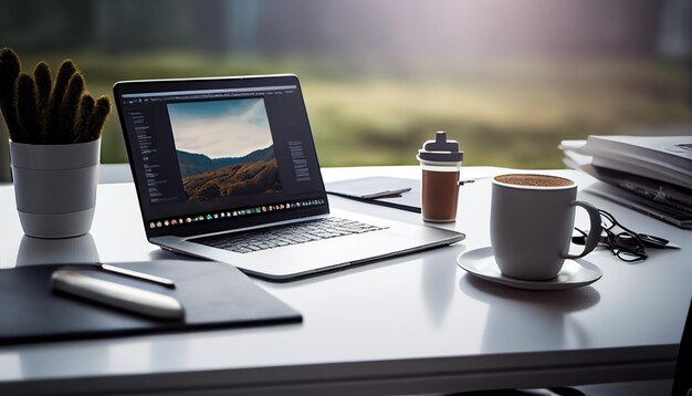 Foto sul posto di lavoro moderno con il caffè del computer portatile