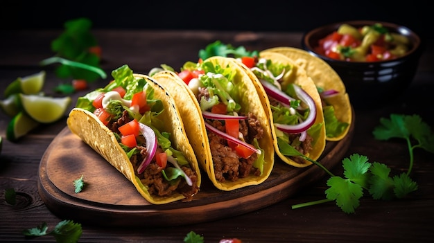 FOTO Tacos messicani con carne di verdure e cipolla rossa salsa di pomodoro e salsa