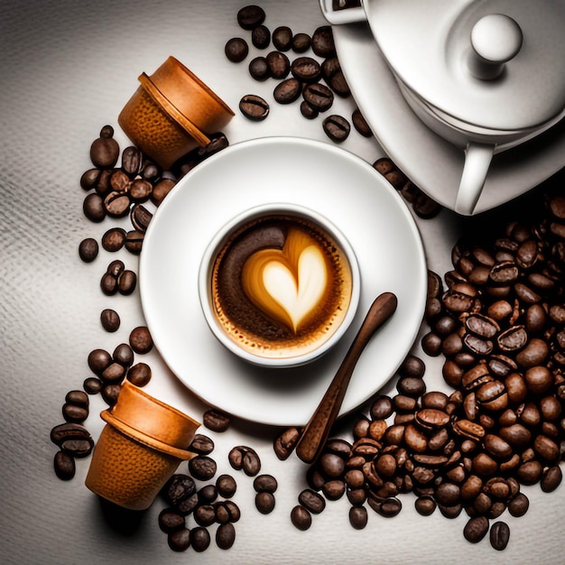 foto tazza di caffè e chicchi di caffè distesi