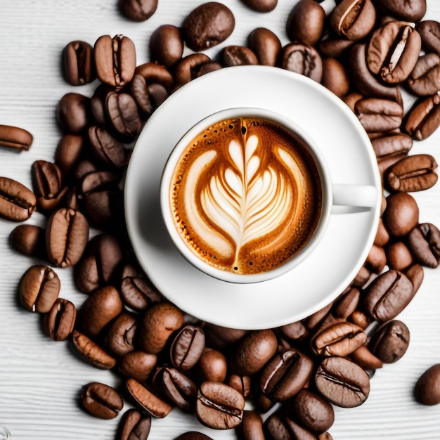 foto tazza di caffè e chicchi di caffè distesi