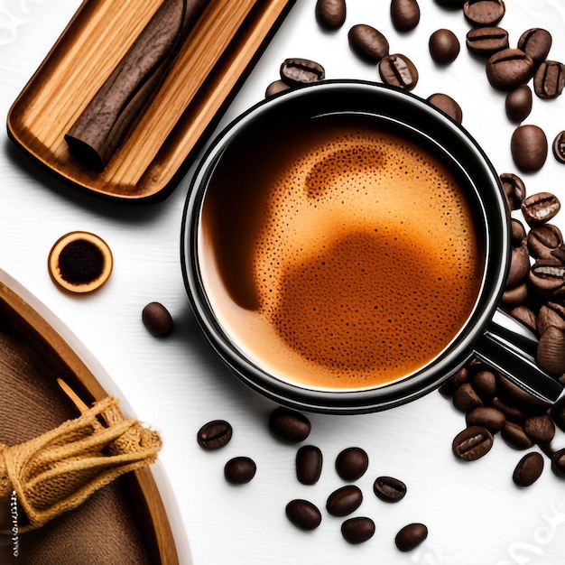 foto tazza di caffè e chicchi di caffè distesi