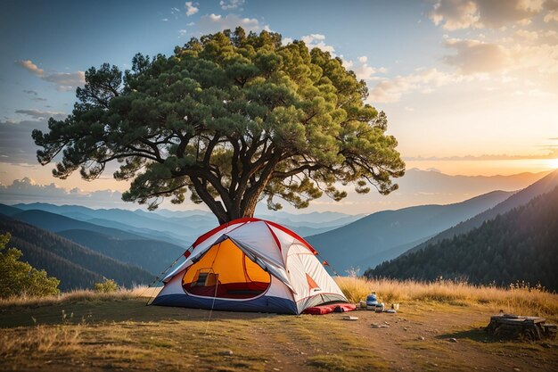 Foto tenda da campeggio sotto il grande albero sulla montagna