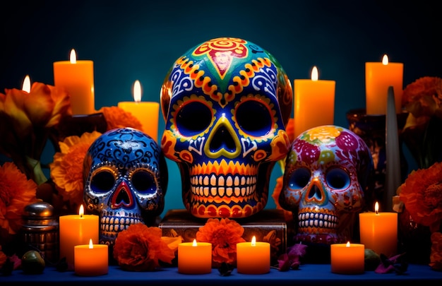 Foto teschio con fiori candele giorno dei morti concetto messico