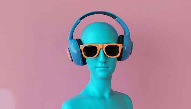 Foto testa statue in cuffie occhiali da sole su sfondo estivo arancione concetto minimo arte musicale