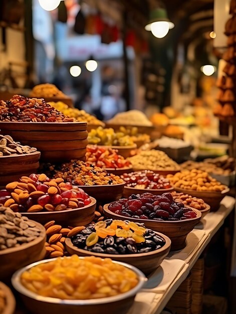 Foto Tilt Shift di stand di frutta e noci che presentano frutta fresca e un'antica idea creativa medievale