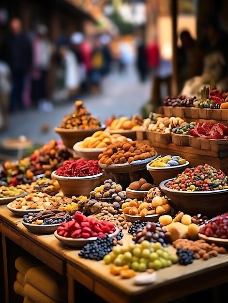 Foto Tilt Shift di stand di frutta e noci che presentano frutta fresca e un'antica idea creativa medievale