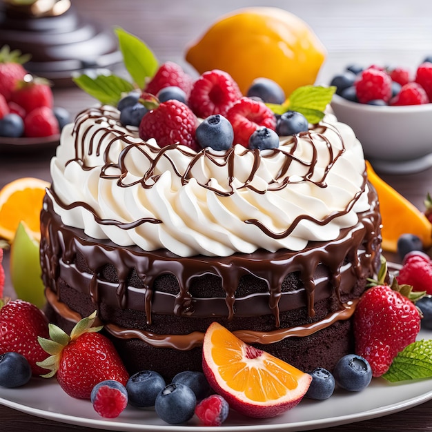 Foto torta al cioccolato con panna montata e frutta generata da strumenti di IA