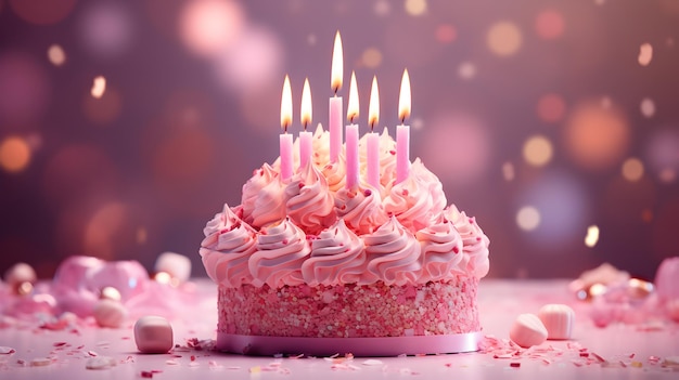 foto torta rosa di buon compleanno con candele colorate su tavolo di legno sfondo rosa ai generativa