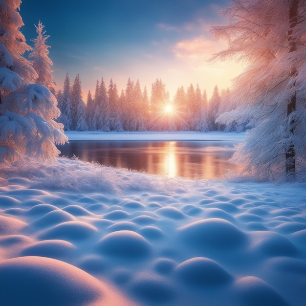 foto tramonto della foresta invernale e tramonto dei fiocchi di neve ghiacciata sullo sfondo del cielo blu