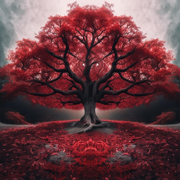 Foto un albero rosso con un grande albero nel mezzo ai generato