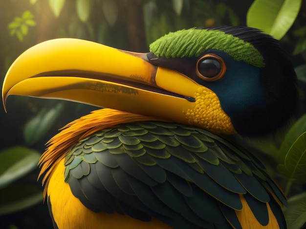 Foto un bellissimo uccello tucano giallo con belle piume seduto in una giungla verde scuro
