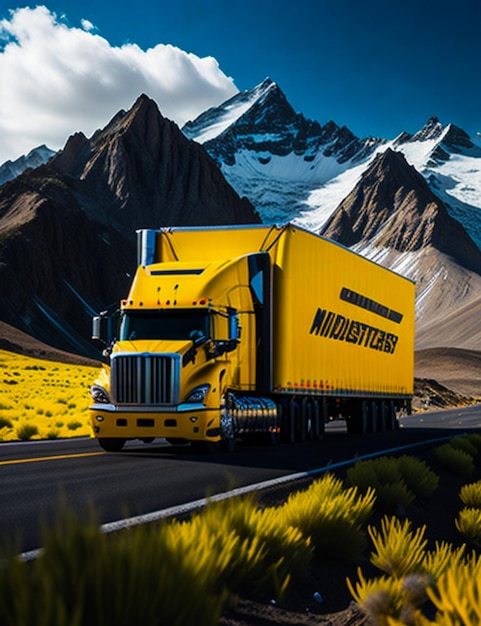 foto un camion con rimorchio percorre una strada con le montagne sullo sfondo