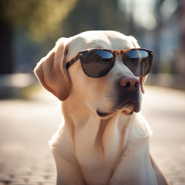 FOTO Un cane con gli occhiali da sole e un paio di occhiali da sole è seduto a terra