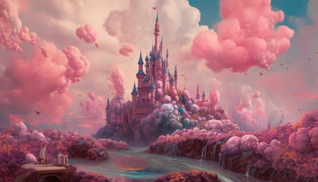Foto un castello da favola su una collina tra le nuvole nebbia rosa avvolge il paesaggio del castello Nuvole di zucchero Generative Ai