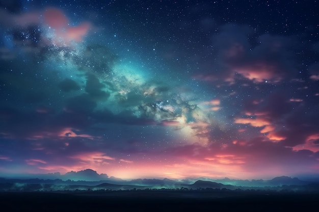 Foto un cielo stellato con nuvole e una galassia sullo sfondo generato ai