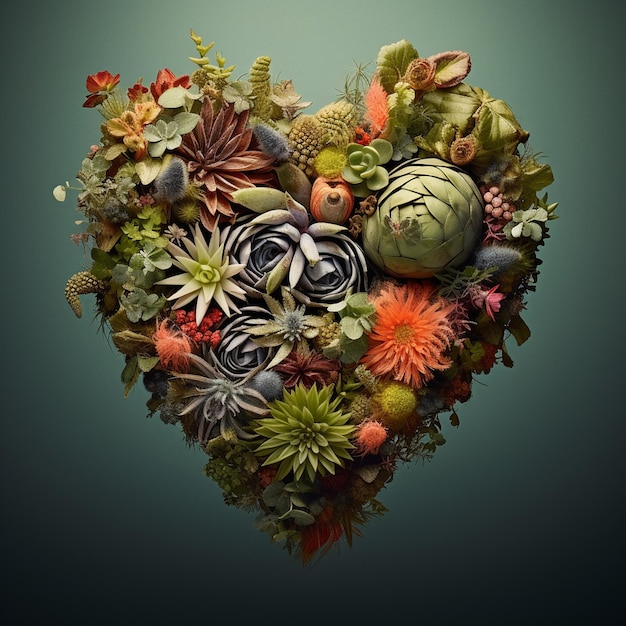 Foto un cuore con fiori e piante su ai generato