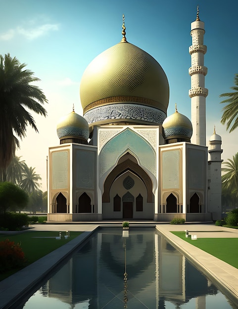 Foto un dipinto digitale di una moschea con la luna sullo sfondo Ai