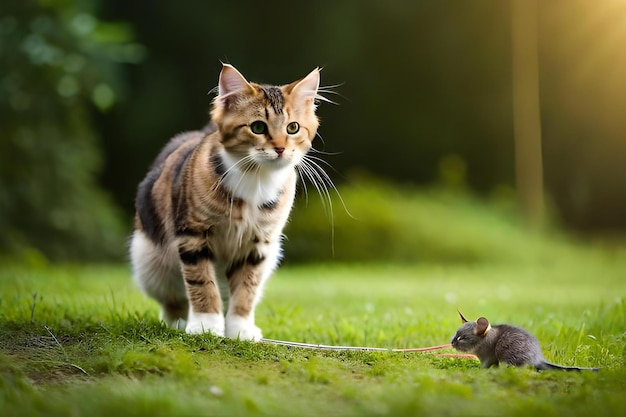 foto un gatto e un topo si guardano l'un l'altro