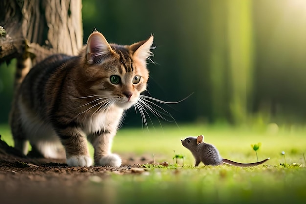 foto un gatto e un topo si guardano l'un l'altro