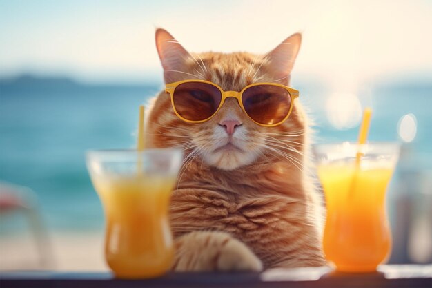 Foto un gatto in occhiali da sole si trova sulla sabbia sulla spiaggia durante il tramonto ai generativo