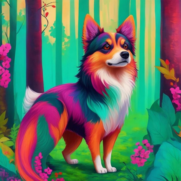 Foto un'immagine colorata di un cane con un collare rosso e uno sfondo blu della foresta
