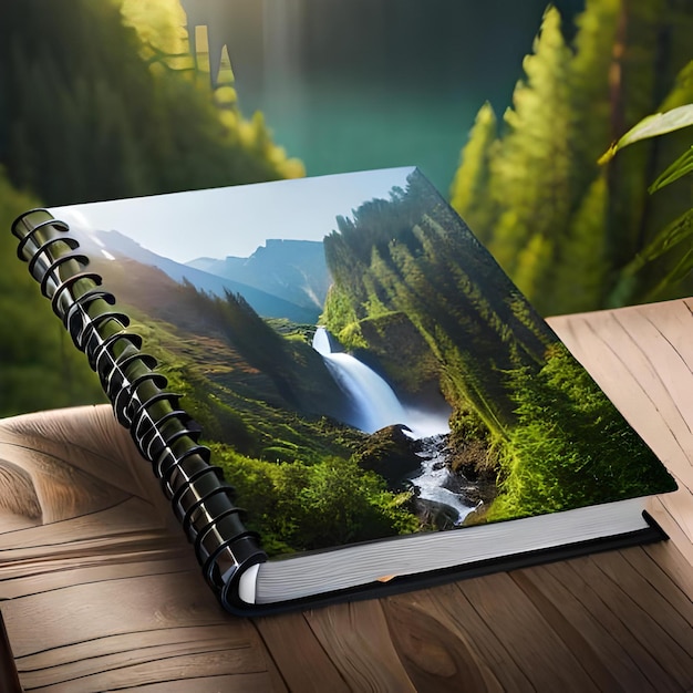 Foto un libro con l'immagine di una foresta e una cascata