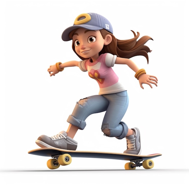 Foto un personaggio 3d di una ragazza che gioca a Skateboarding generativo ai